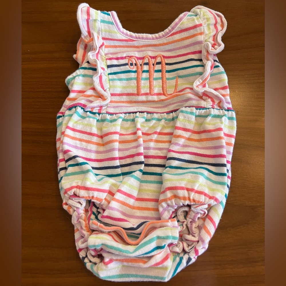 ❌SOLD❌Baby Gap striped bubble with “M” embroidery